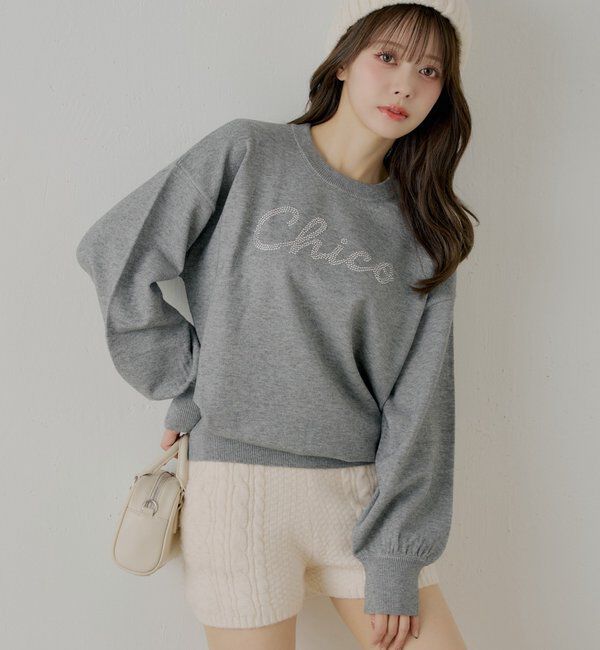  「ラインストーンロゴニット」|ニット・セーター|グレー