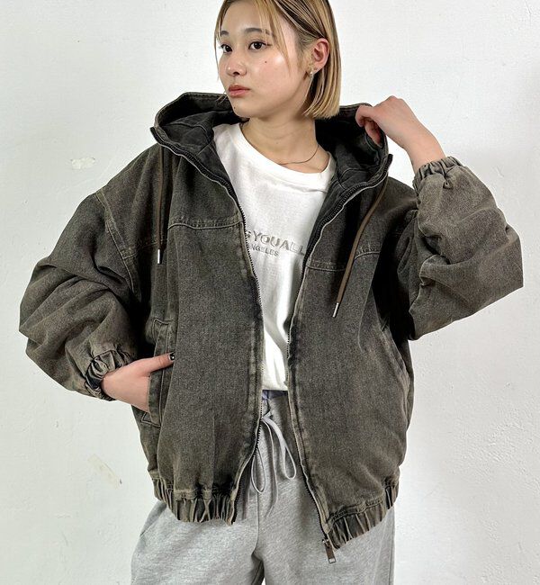 「【UNISEX/ユニセックス】ヴィンテージライクデニムフードジップブルゾン」|ブルゾン・スタジャン|ネイビー