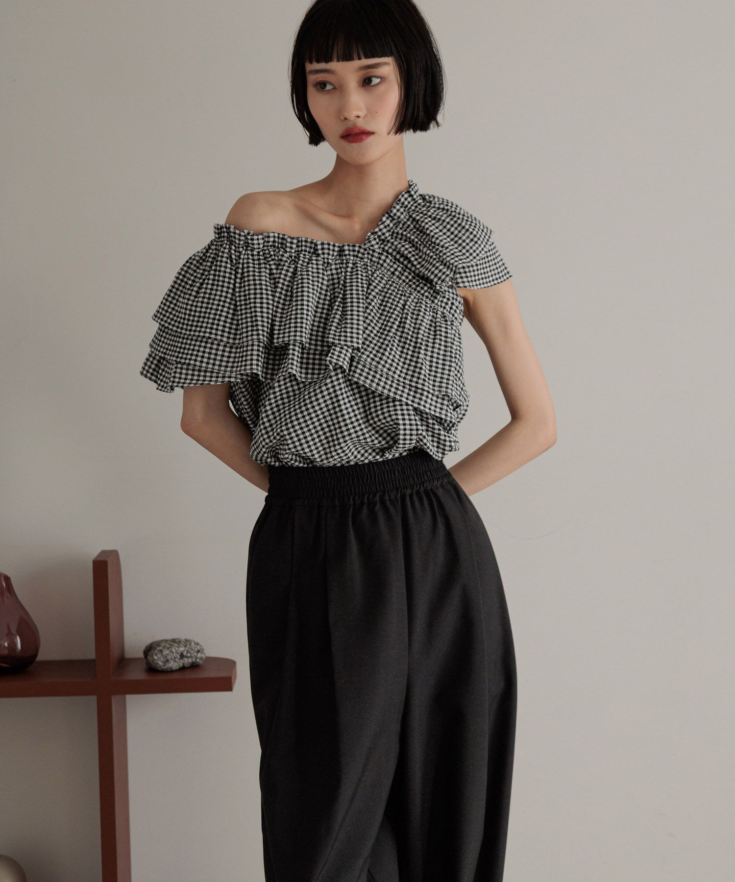 LOWRYS FARM「アシメフリルギャザーＳＳ」|シャツ・ブラウス|ﾁｪｯｸ