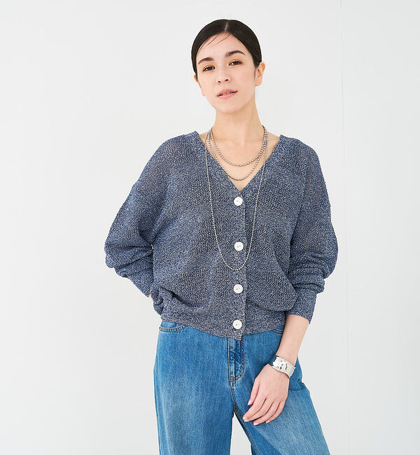 collex「レーシーボーダーVネックカーディガン」|カーディガン|ネイビー