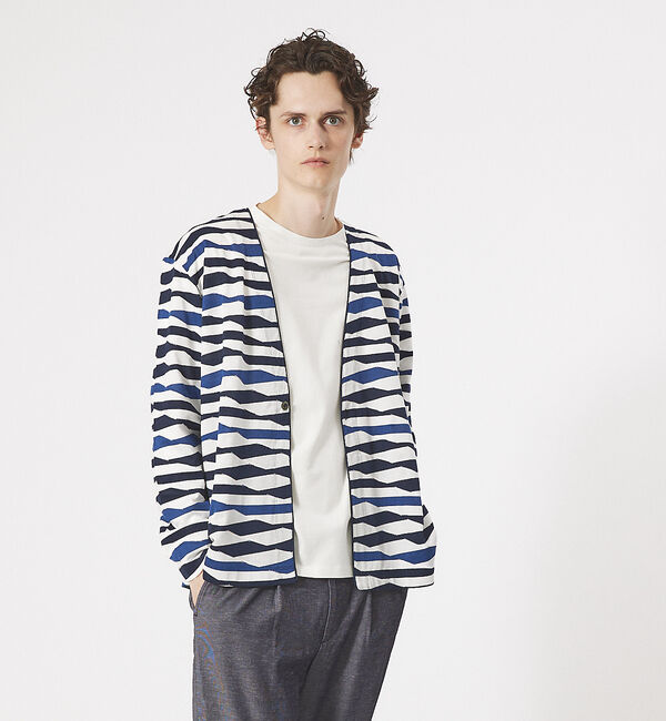 ABAHOUSE「【アンサンブル対応】ウェーブ ボーダー ワンボタン カーディガン」|カーディガン|ネイビー