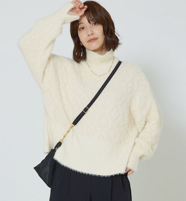 abahouse mavie「シャギーミックスダイヤ柄タートル」|ニット・セーター|アイボリー