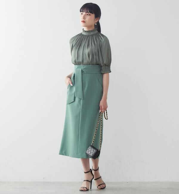 TIARA「麻調ハイウエストタイトスカート」|スカート|グリーン