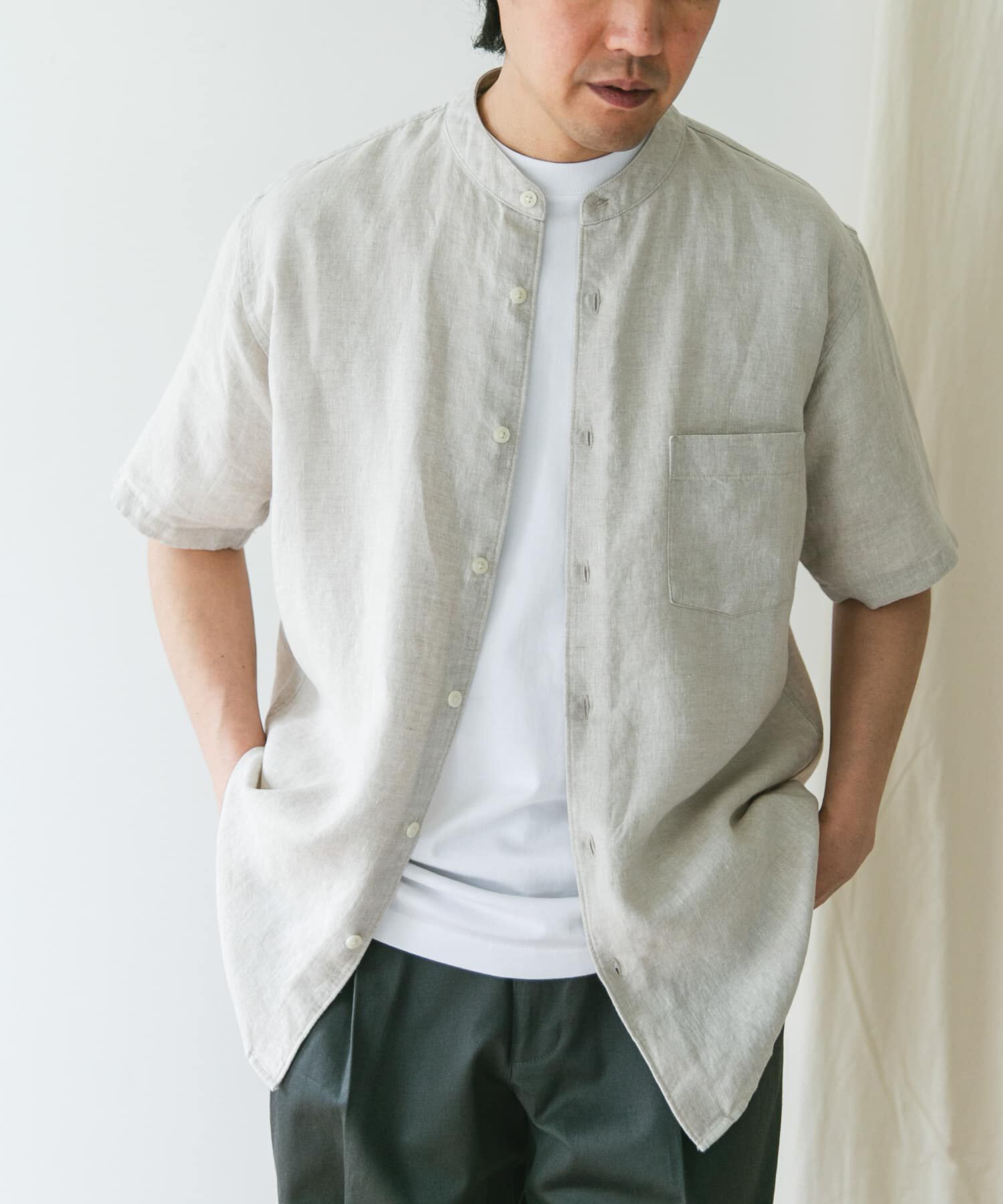 URBAN RESEARCH DOORS「『XLｻｲｽﾞ/WEB限定』ｼﾙｹｯﾄﾘﾈﾝ ﾊﾞﾝﾄﾞｶﾗｰｼｮｰﾄｽﾘｰ」|シャツ・ブラウス|