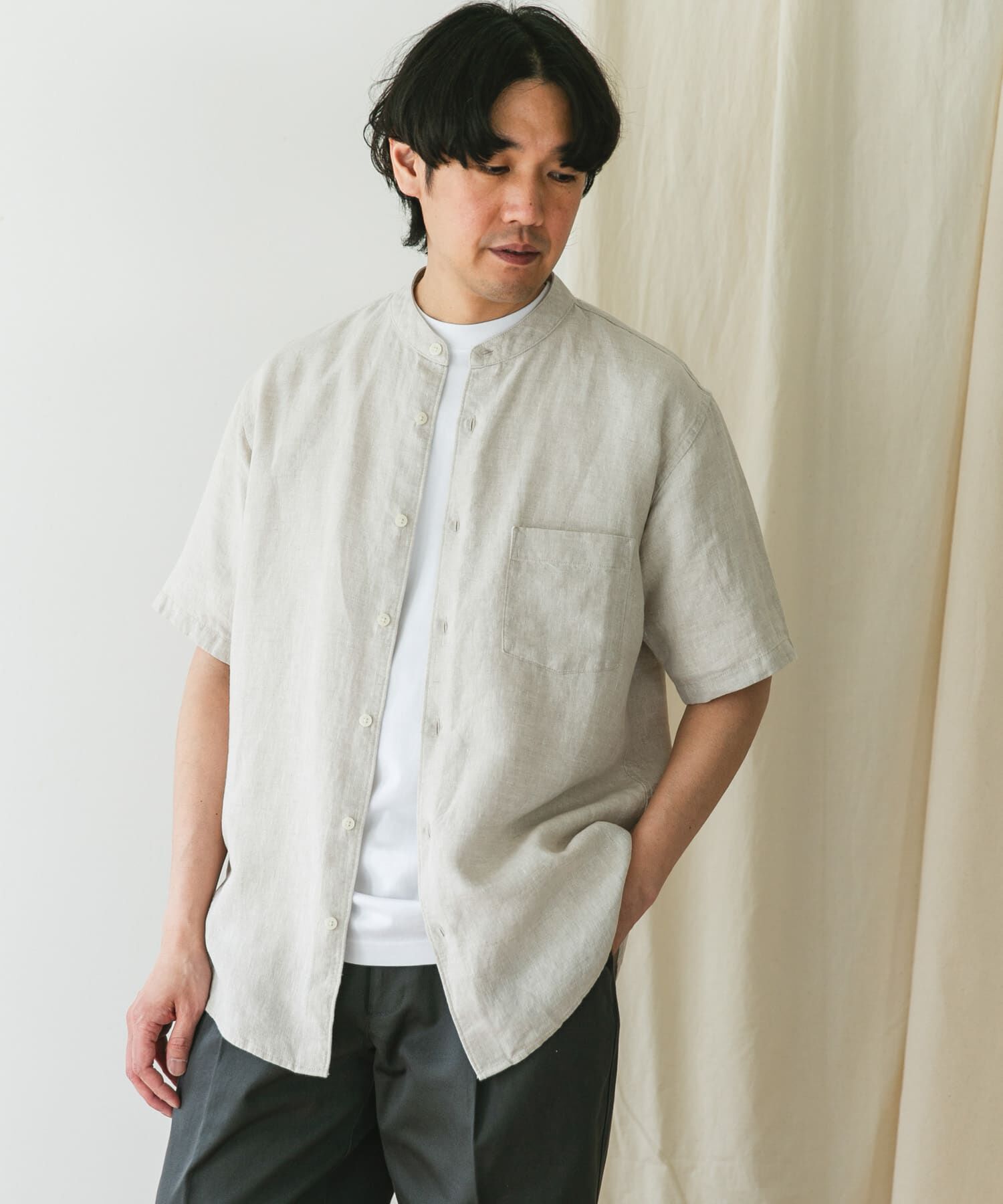 URBAN RESEARCH DOORS「『XLｻｲｽﾞ/WEB限定』ｼﾙｹｯﾄﾘﾈﾝ ﾊﾞﾝﾄﾞｶﾗｰｼｮｰﾄｽﾘｰ」|シャツ・ブラウス|