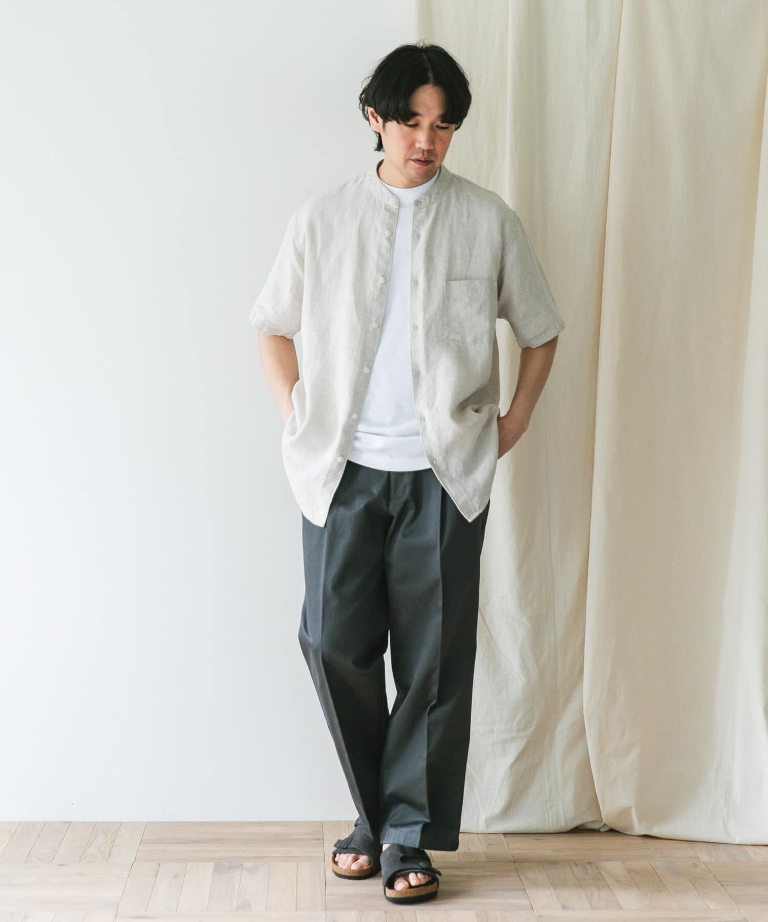 URBAN RESEARCH DOORS「『XLｻｲｽﾞ/WEB限定』ｼﾙｹｯﾄﾘﾈﾝ ﾊﾞﾝﾄﾞｶﾗｰｼｮｰﾄｽﾘｰ」|シャツ・ブラウス|