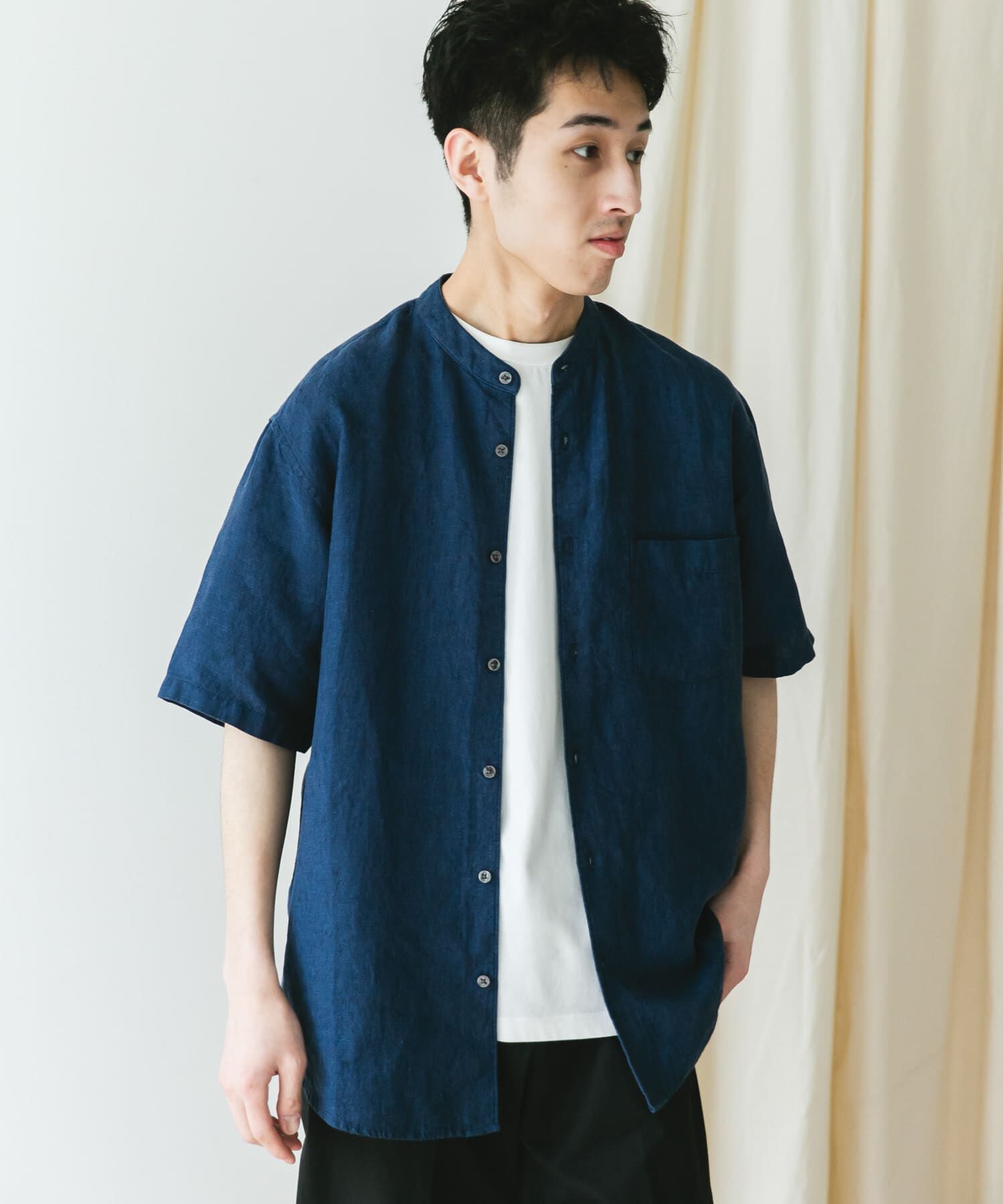 URBAN RESEARCH DOORS「『XLｻｲｽﾞ/WEB限定』ｼﾙｹｯﾄﾘﾈﾝ ﾊﾞﾝﾄﾞｶﾗｰｼｮｰﾄｽﾘｰ」|シャツ・ブラウス|