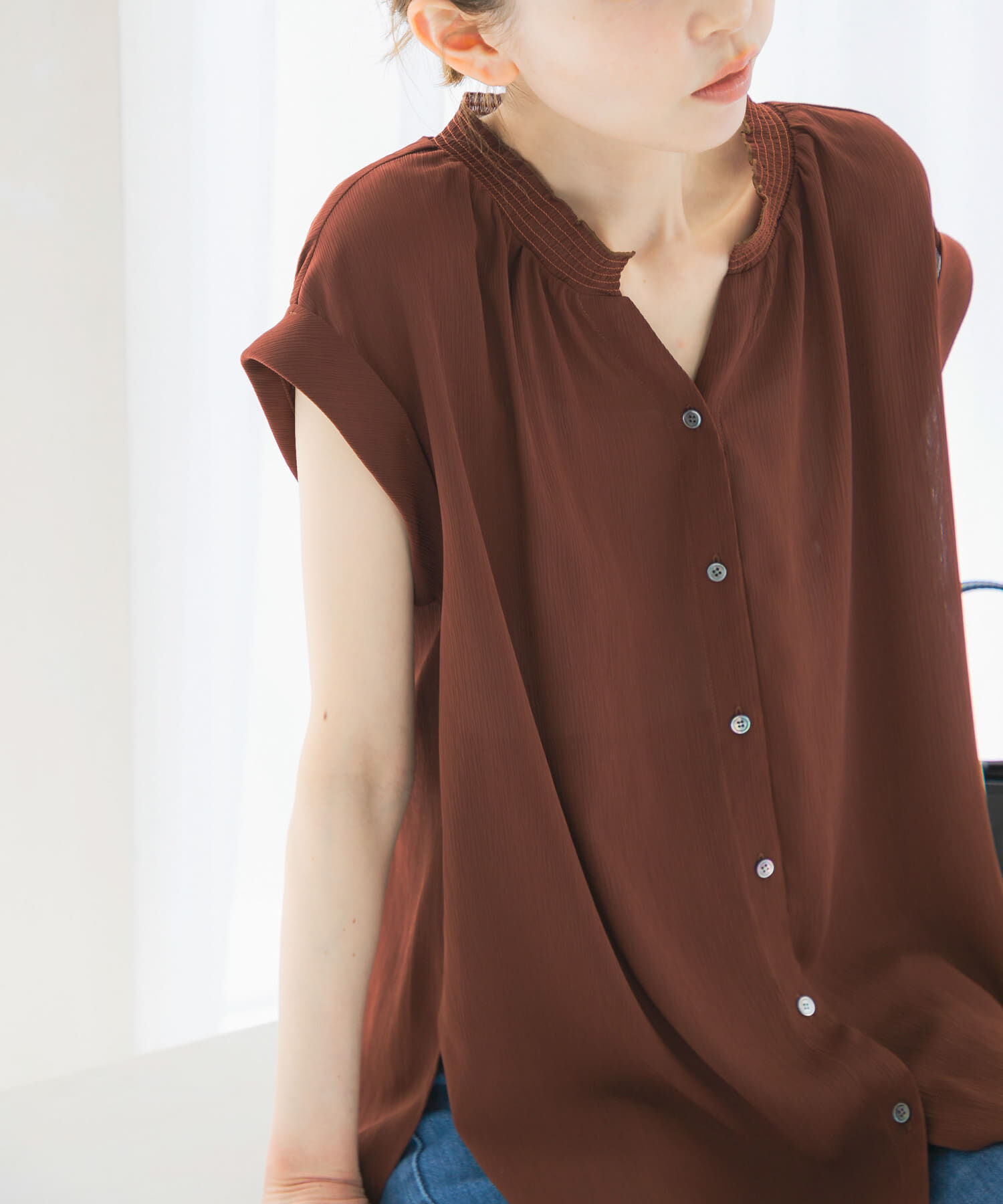 URBAN RESEARCH ROSSO「『WEB限定』シャーリングスキッパーブラウス」|シャツ・ブラウス|ブラウン