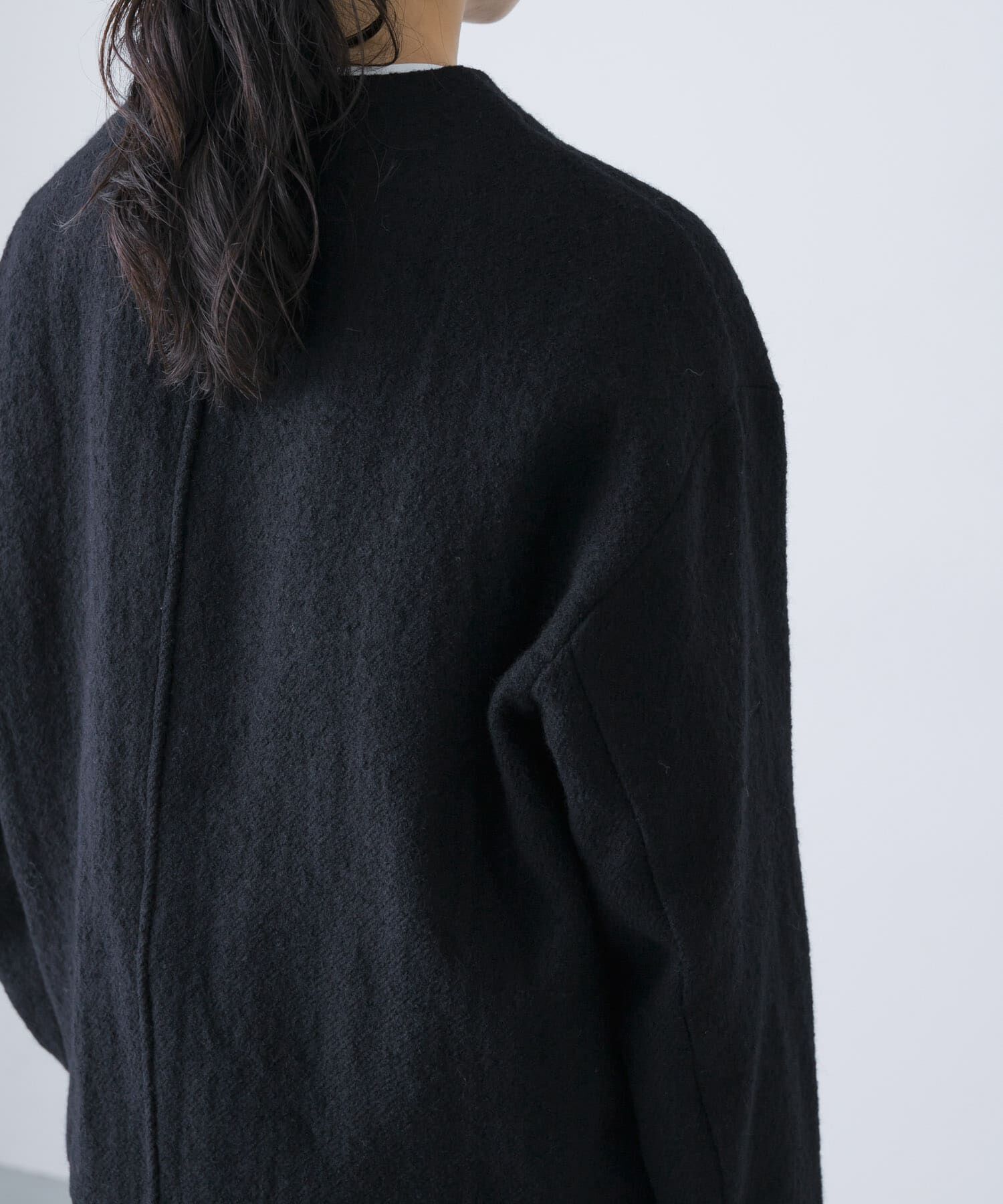 かぐれ「ウールクルーネックジャケット」|ノーカラージャケット|