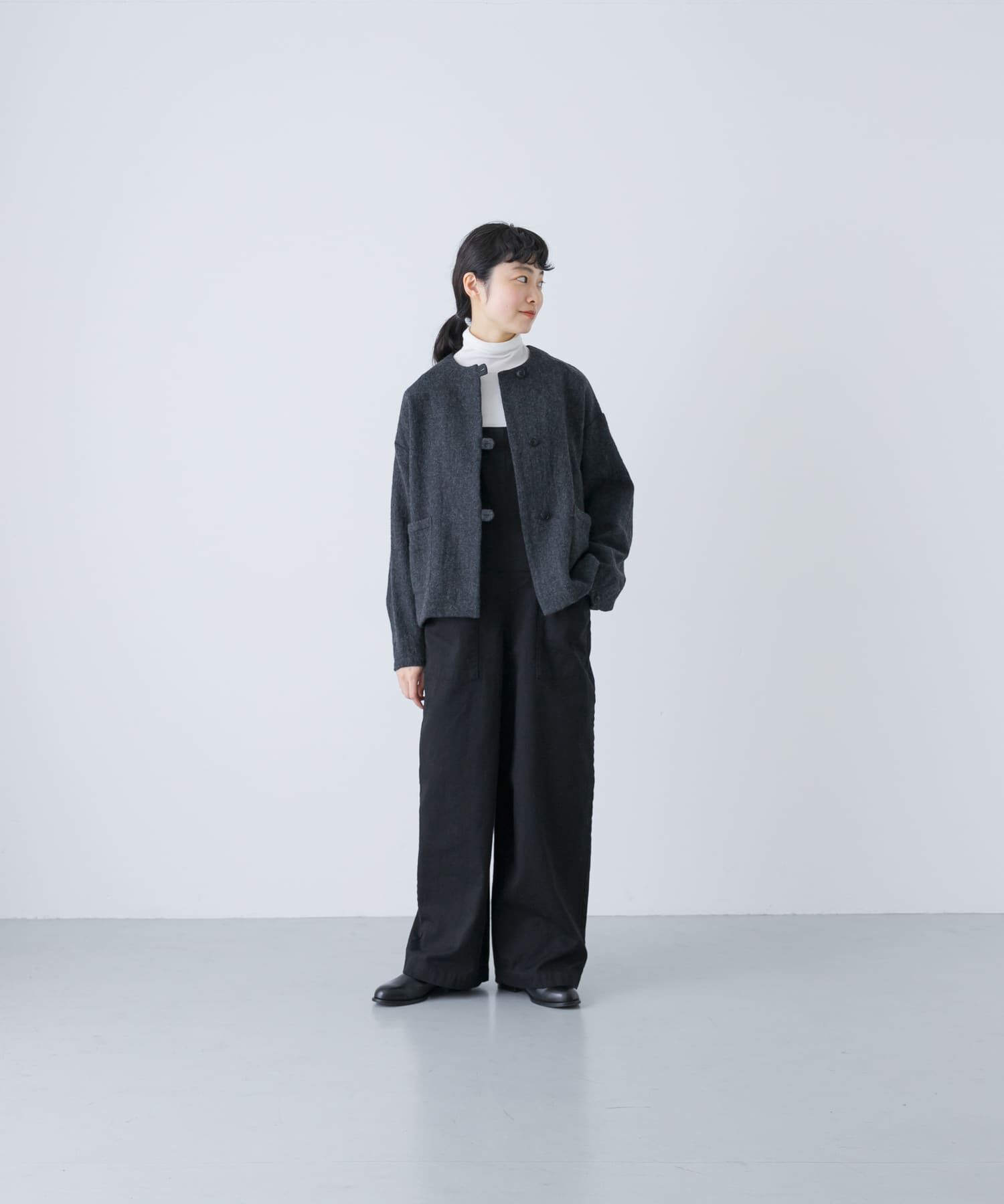 かぐれ「ウールクルーネックジャケット」|ノーカラージャケット|