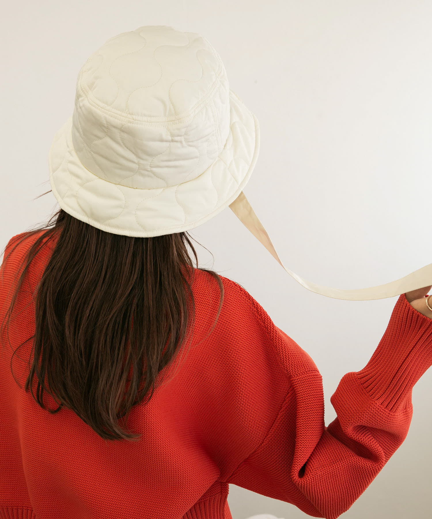  「リボン付きキルティングバケットHAT」|ハット|アイボリー