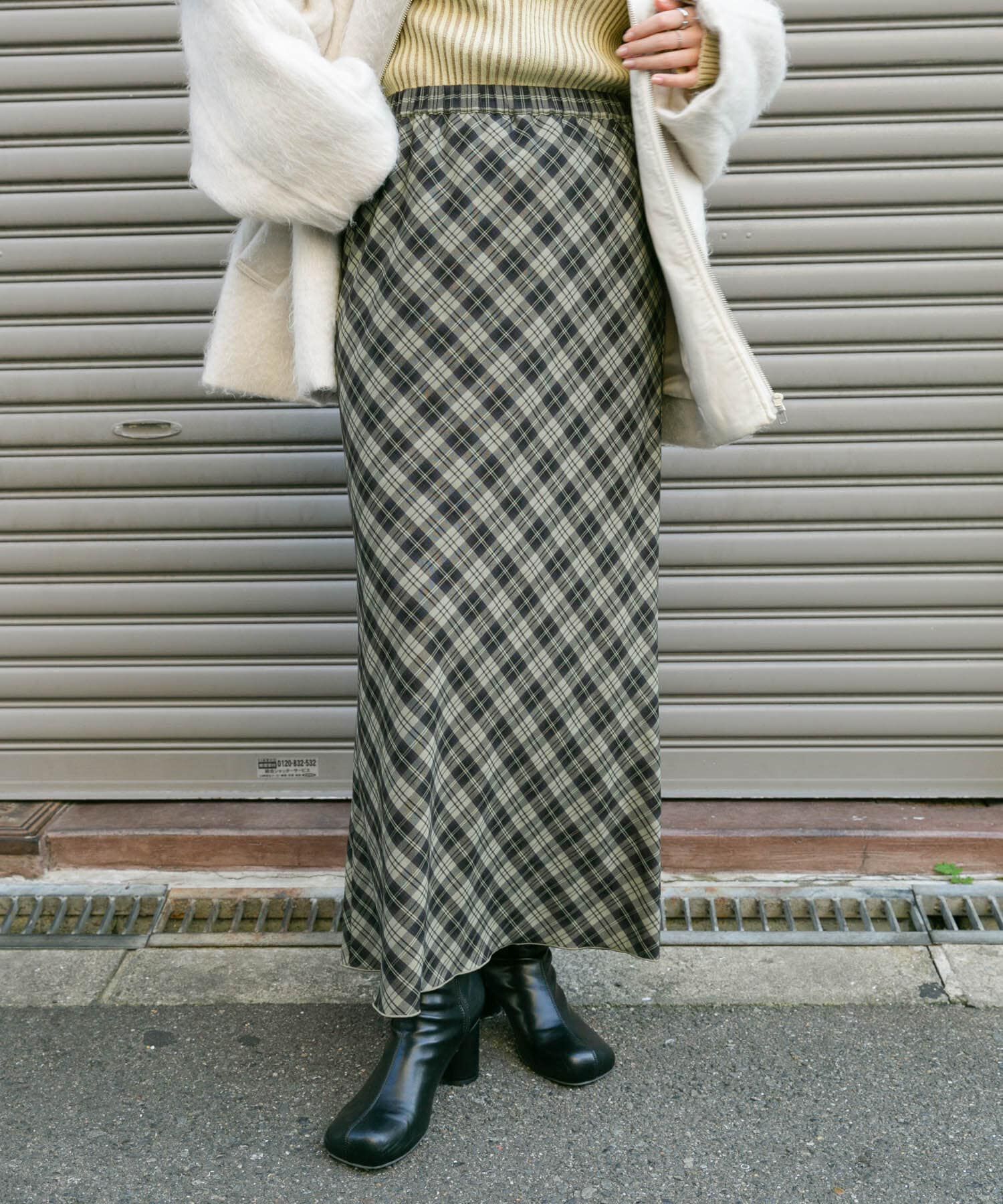  「チェックナロースカート(裏付)」|スカート|グリーン系その他