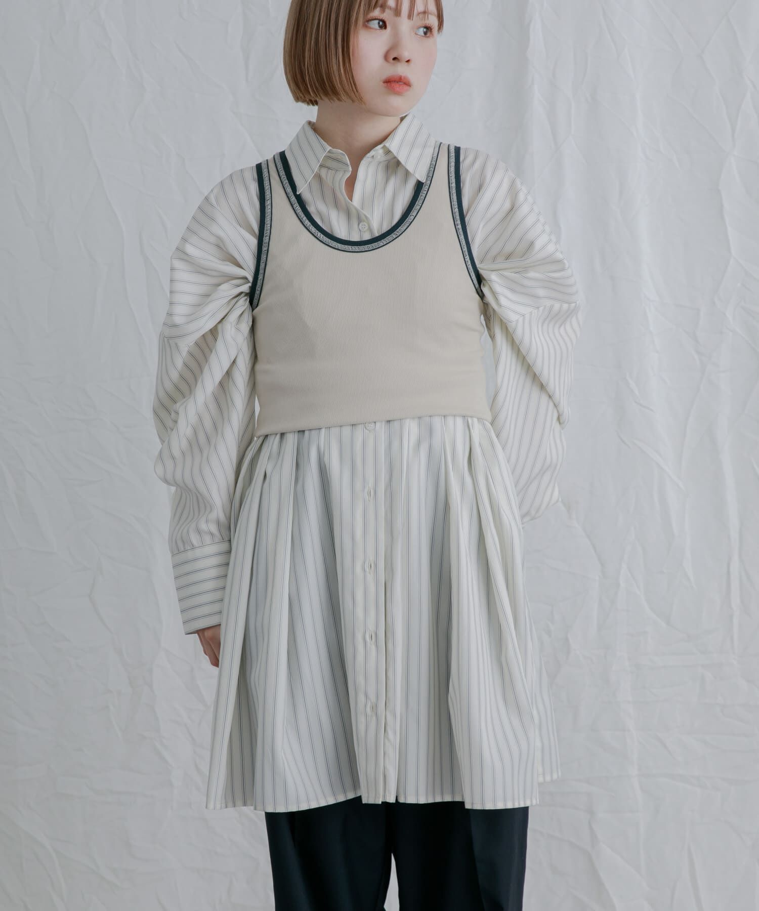  「ストライプウエストタックミニワンピース」|ワンピース|