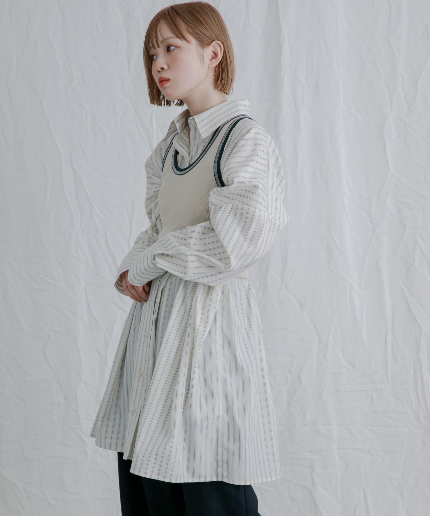  「ストライプウエストタックミニワンピース」|ワンピース|