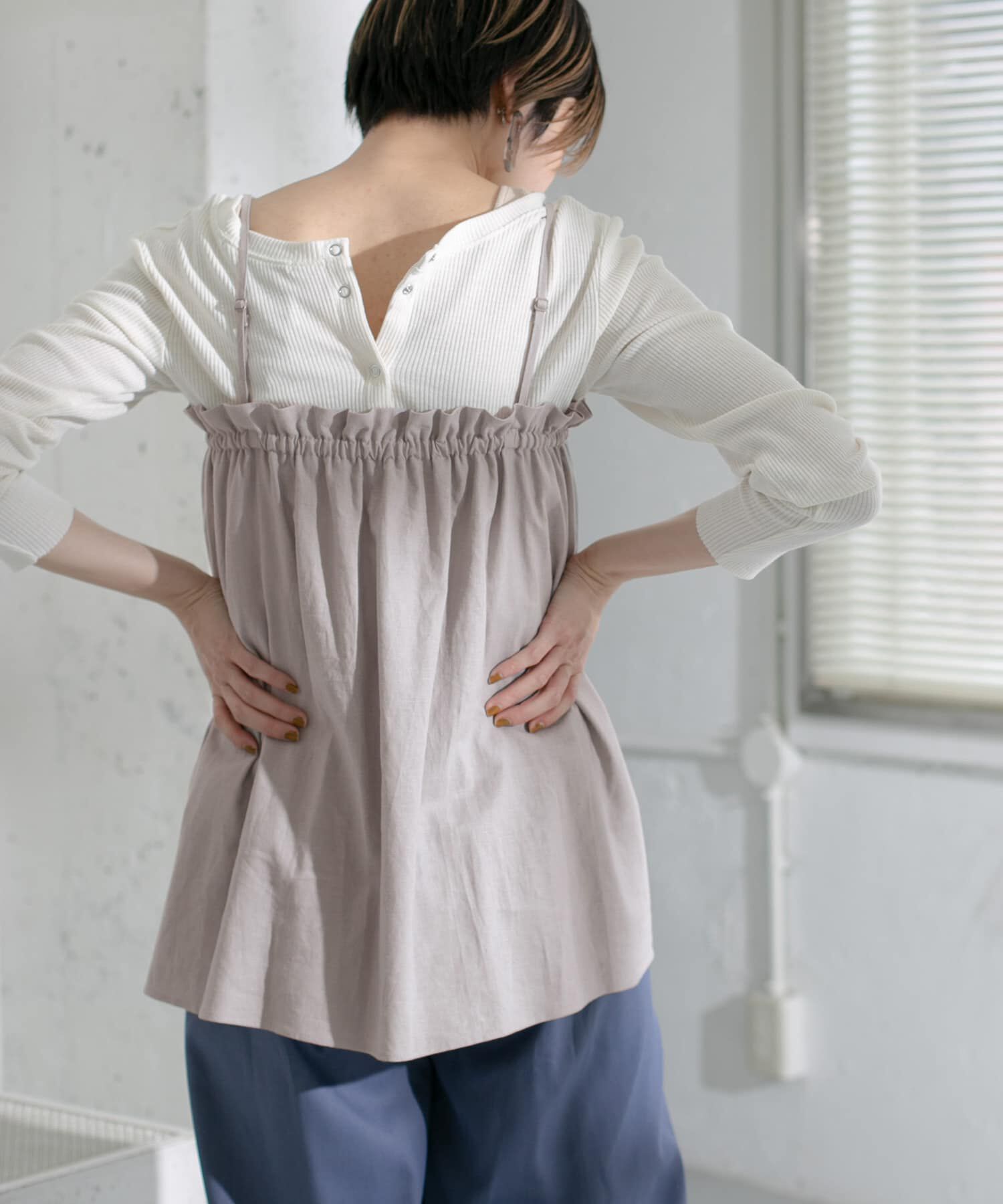  「リネンギャザーキャミ&there4;」|キャミソール|ライトグレー