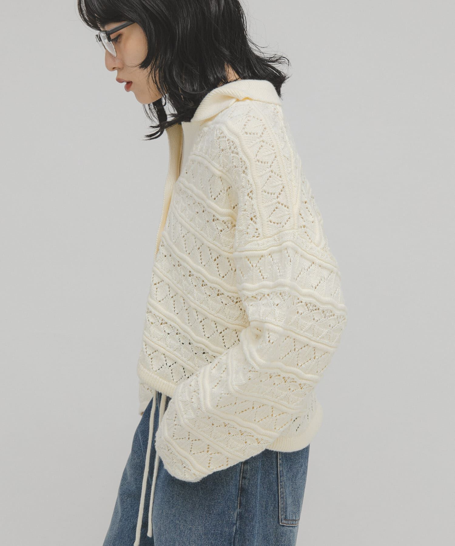  「透かし編みキーネックカーディガン」|カーディガン|