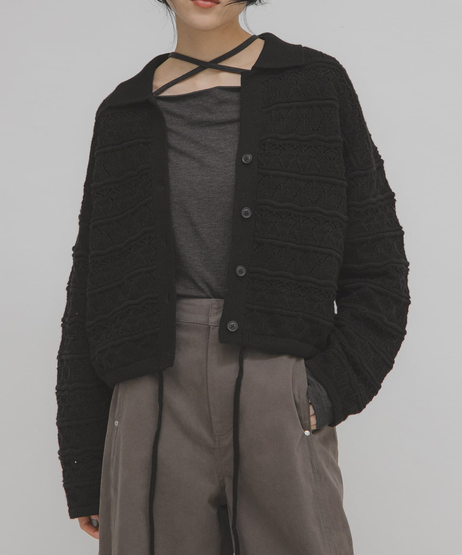  「透かし編みキーネックカーディガン」|カーディガン|ブラック