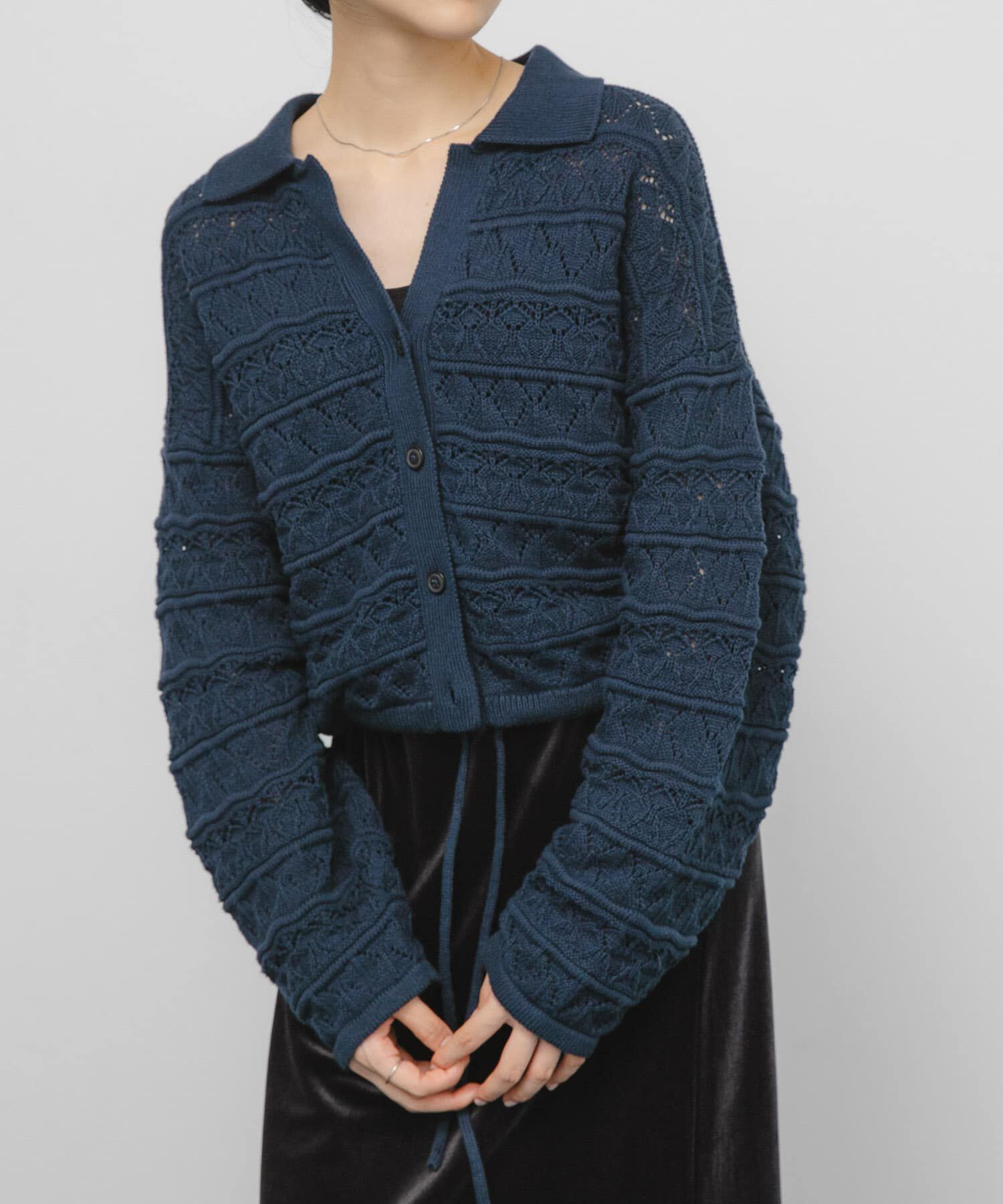  「透かし編みキーネックカーディガン」|カーディガン|ブルー系その他
