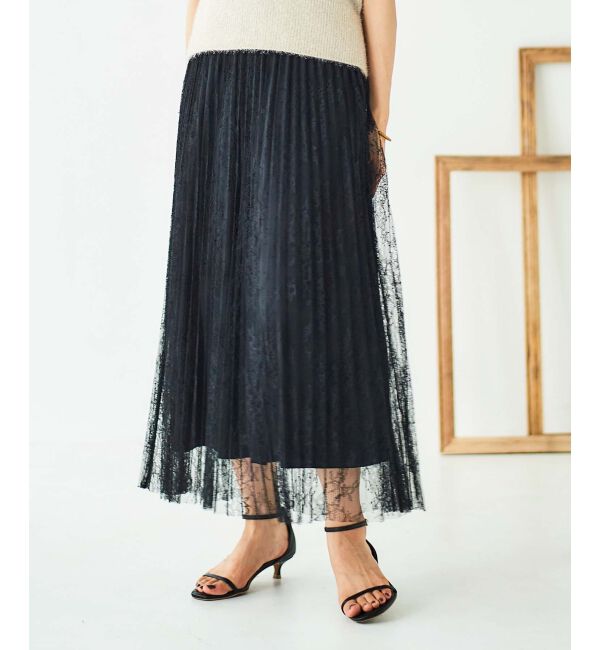 le.coeur blanc「《手洗い可能》レースプリーツロングスカート」|スカート|ブラック