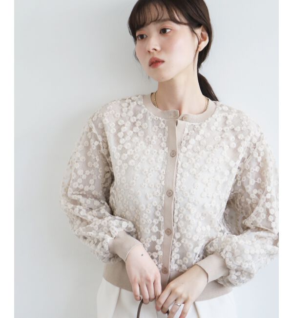  「フラワーレース刺繍ニットカーディガン」|カーディガン|