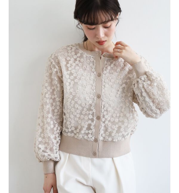  「フラワーレース刺繍ニットカーディガン」|カーディガン|