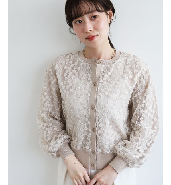  「フラワーレース刺繍ニットカーディガン」|カーディガン|