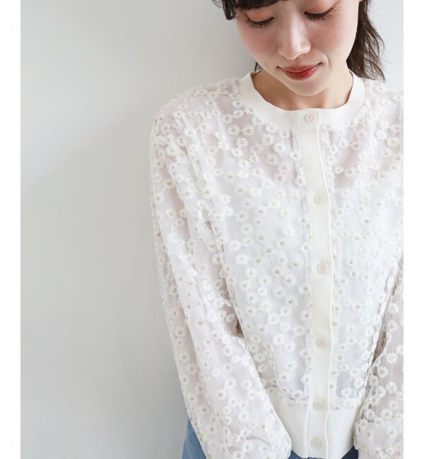  「フラワーレース刺繍ニットカーディガン」|カーディガン|