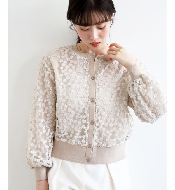  「フラワーレース刺繍ニットカーディガン」|カーディガン|ベージュ