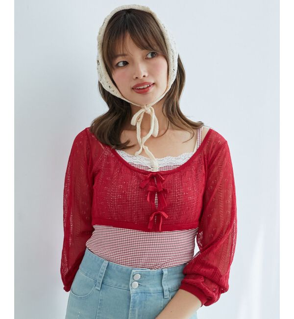  「透かしリボンニット&times;キャミセット」|ニット・セーター|レッド
