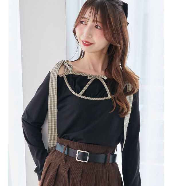  「肩リボンチェックバイカラートップス」|Tシャツ・カットソー|