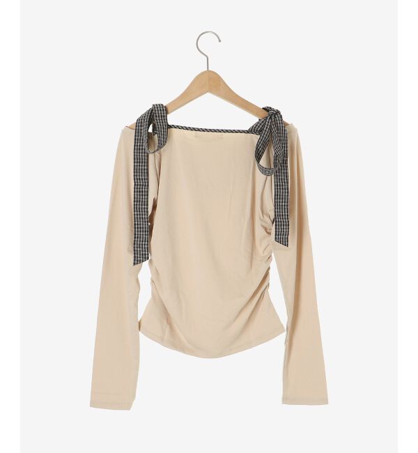  「肩リボンチェックバイカラートップス」|Tシャツ・カットソー|