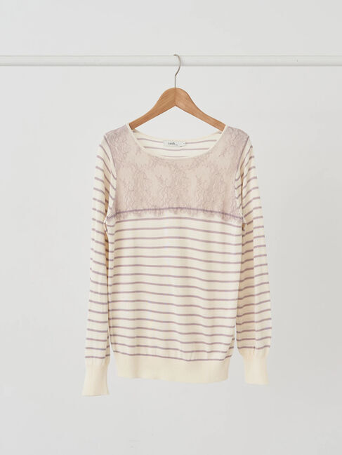 earth music&ecology「レースボーダーニットプルオーバー」|ニット・セーター|Pink Beige