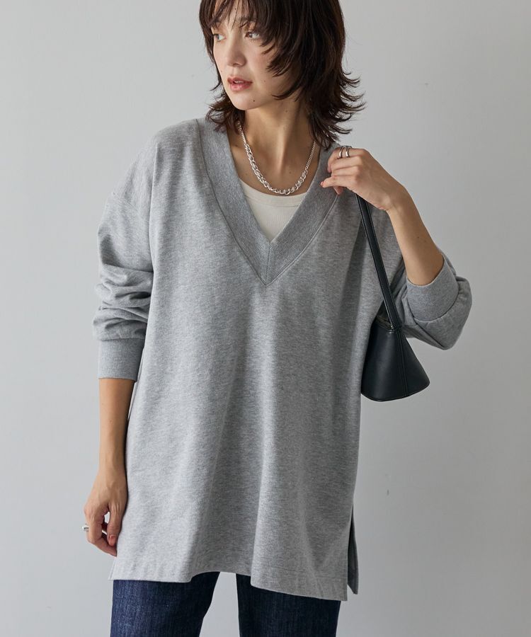AMERICAN HOLIC「Vネックサイドスリットロングスウェットプルオーバー/チュニック」|スウェット・ジャージ|Light Gray Mixture
