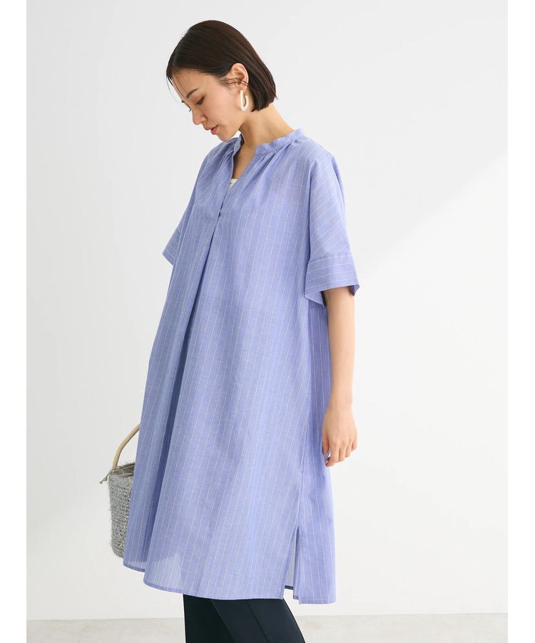 Green Parks「綿麻混スキッパーミニワンピース」|ワンピース|ストライプサックス