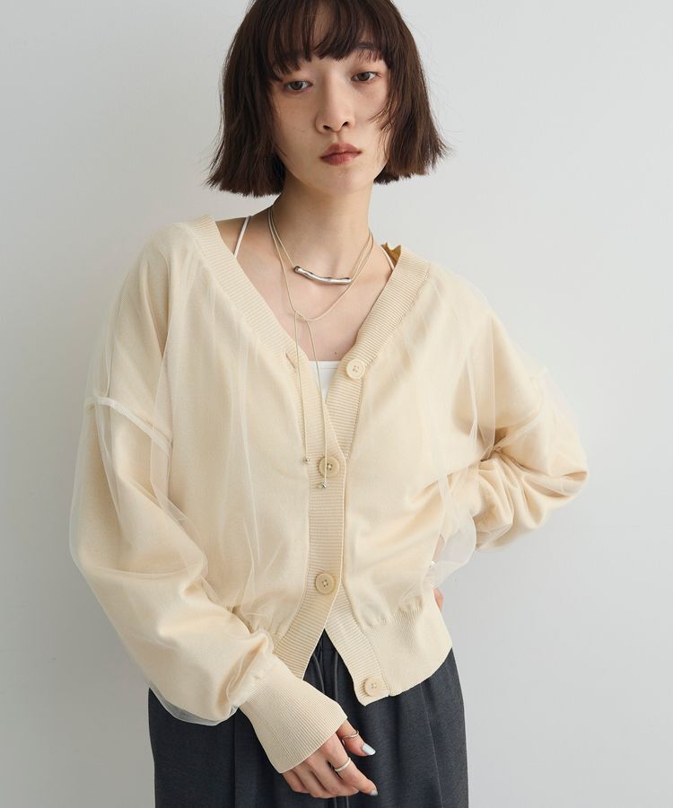 AnriettMusee「チュールドッキングVネックニットカーディガン」|カーディガン|Ivory