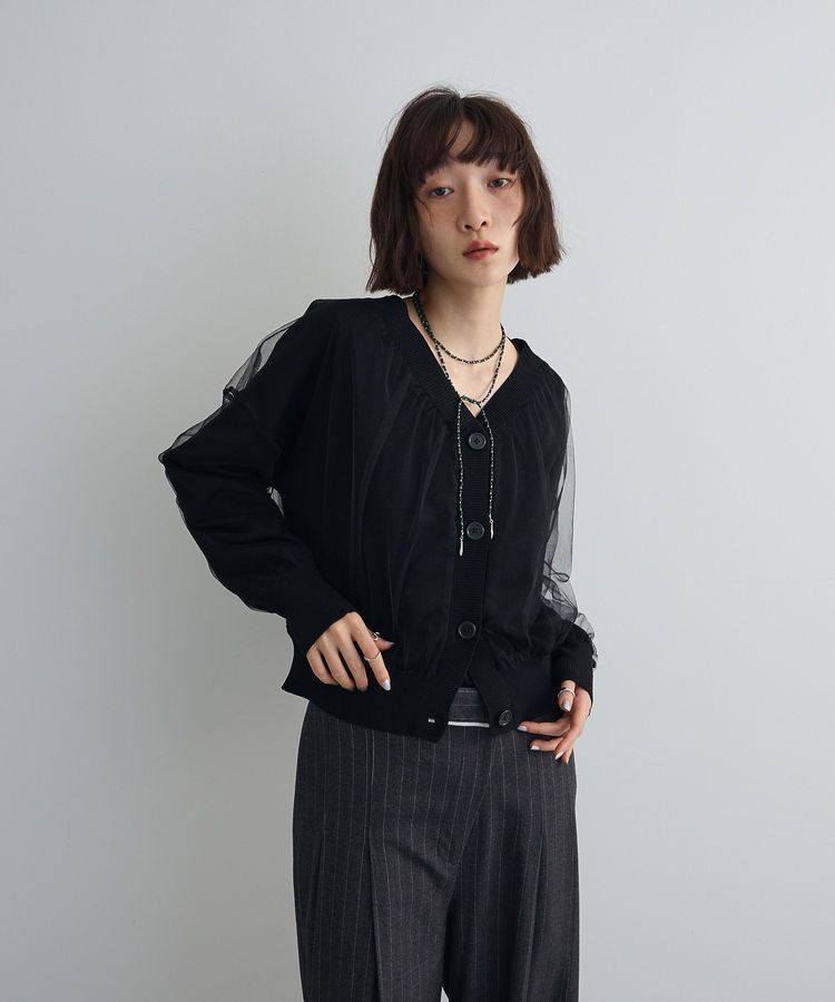 AnriettMusee「チュールドッキングVネックニットカーディガン」|カーディガン|Black