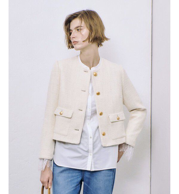 allureville「ファンシーツィードクルーネックジャケット」|ノーカラージャケット|アイボリー