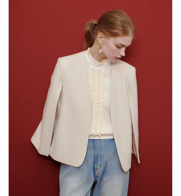 LOULOU WILLOUGHBY「【LOULOU WILLOUGHBY】ビーバーケープジャケット」|ノーカラージャケット|ライトベージュ