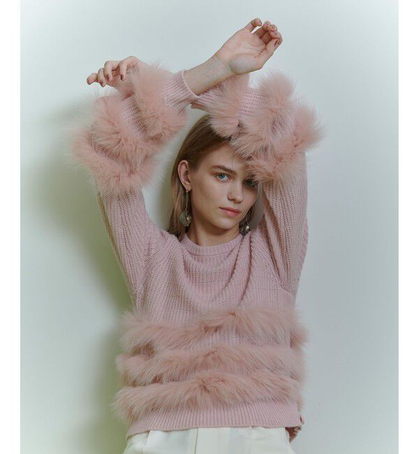 LOULOU WILLOUGHBY「【LOULOU WILLOUGHBY】フォックスファートリミングプルオーバー」|ニット・セーター|ライトピンク