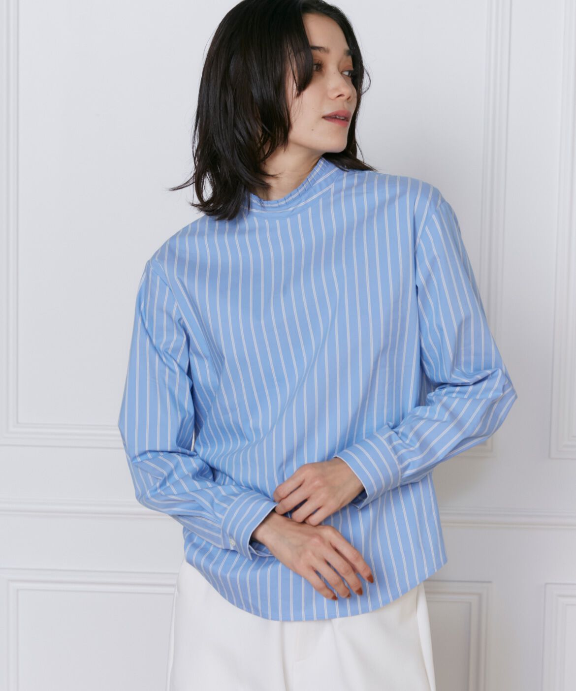 INED「《大きいサイズ》プリーツカラーブラウス」|シャツ・ブラウス|ストライプ1