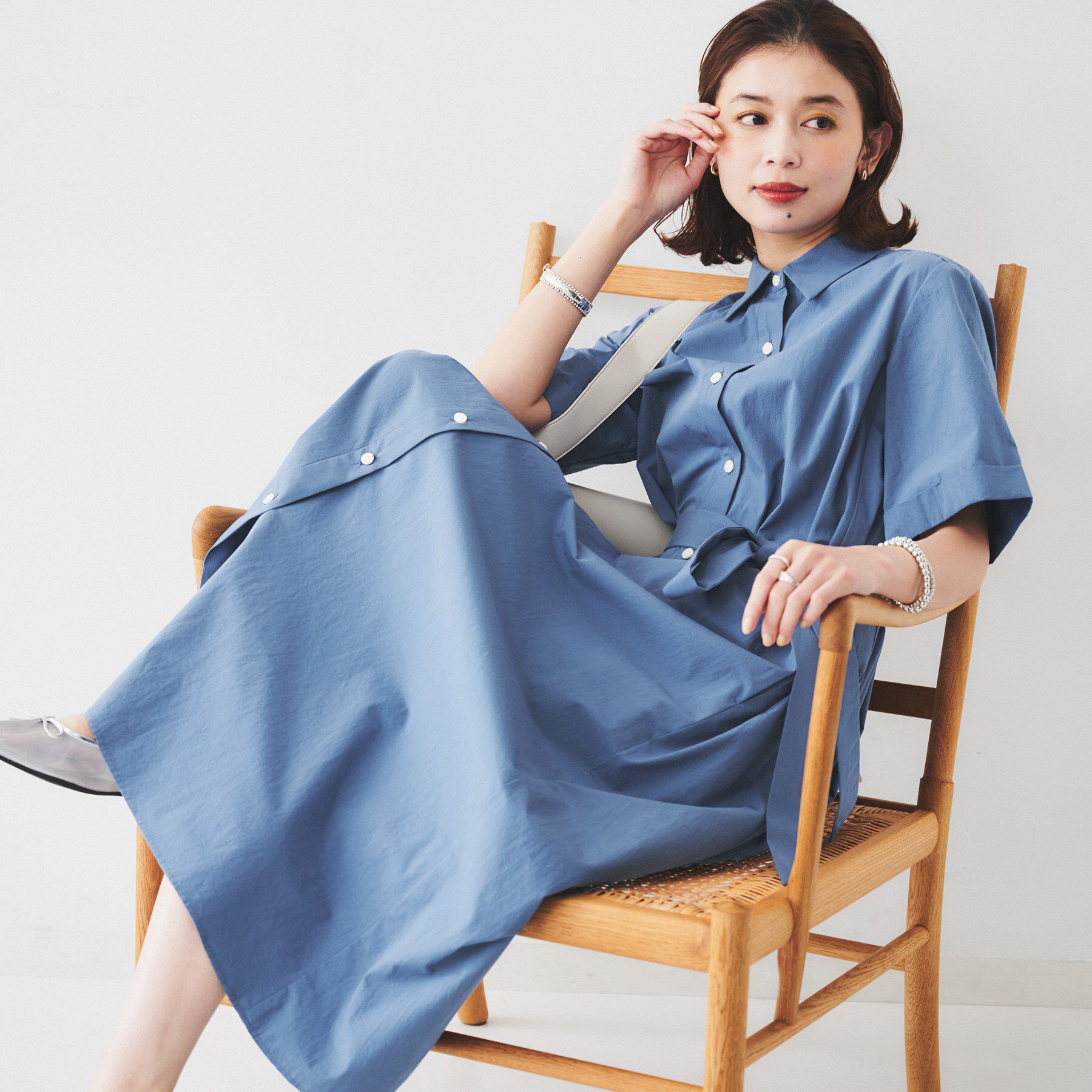 UNTITLED「【コットン100／前開き／夏ワンピ】ロングシャツワンピース」|ワンピース|ブルー(092)