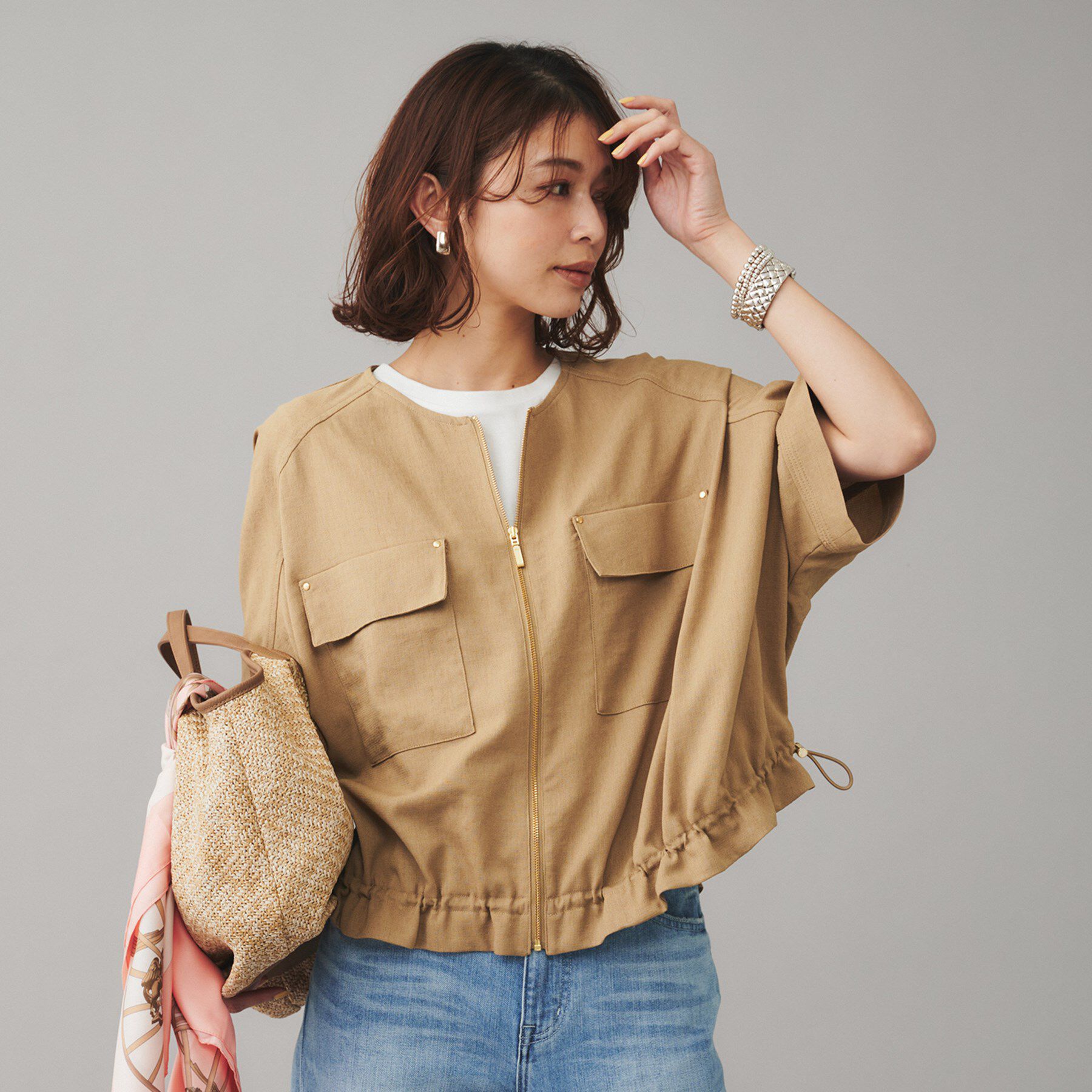 UNTITLED「【SEADRAKE】ノーカラー半袖ブルゾン」|ブルゾン・スタジャン|キャメルブラウン(0