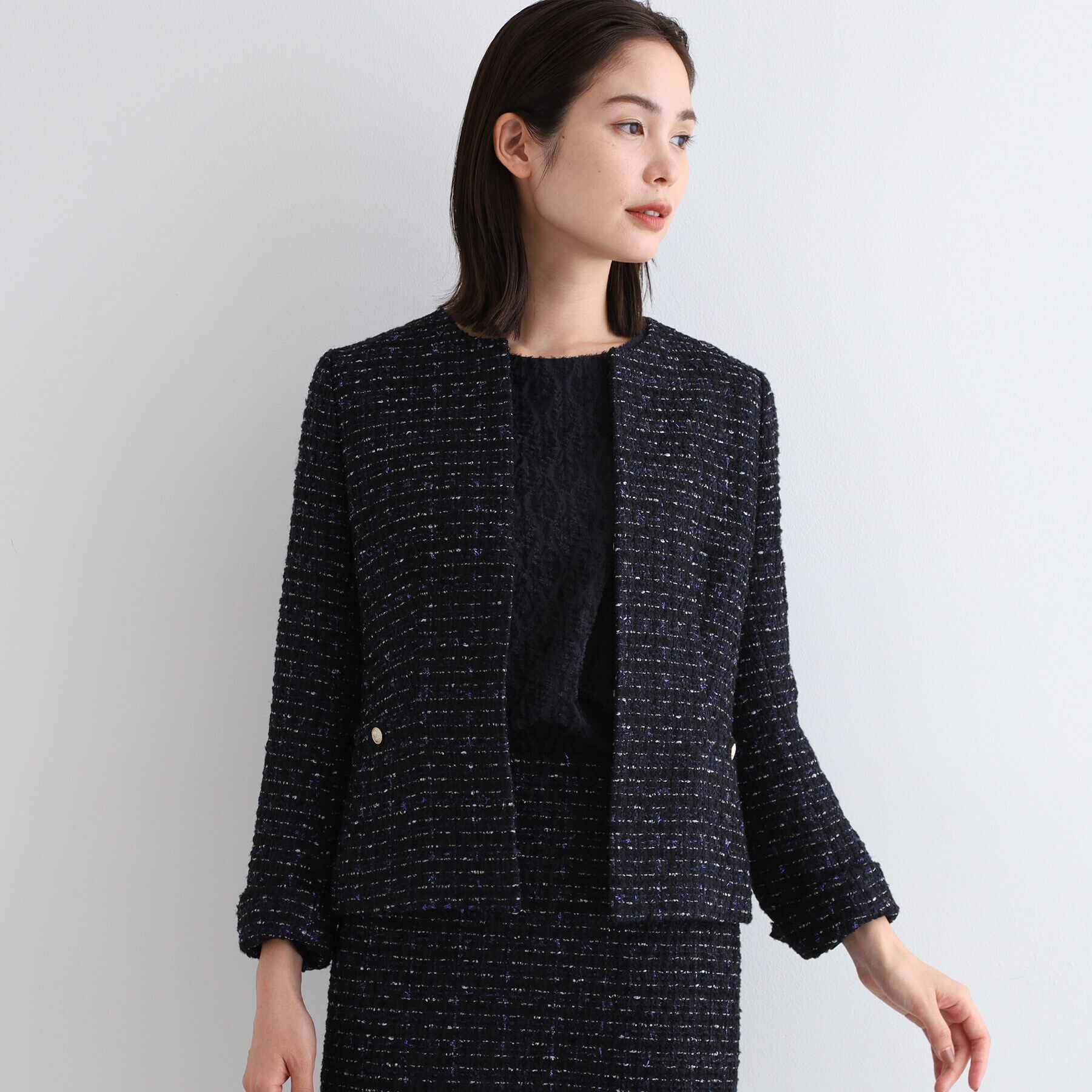 INDIVI「【日本製／SETUP可能】ファンシーツィードジャケット」|ノーカラージャケット|ネイビー(494)