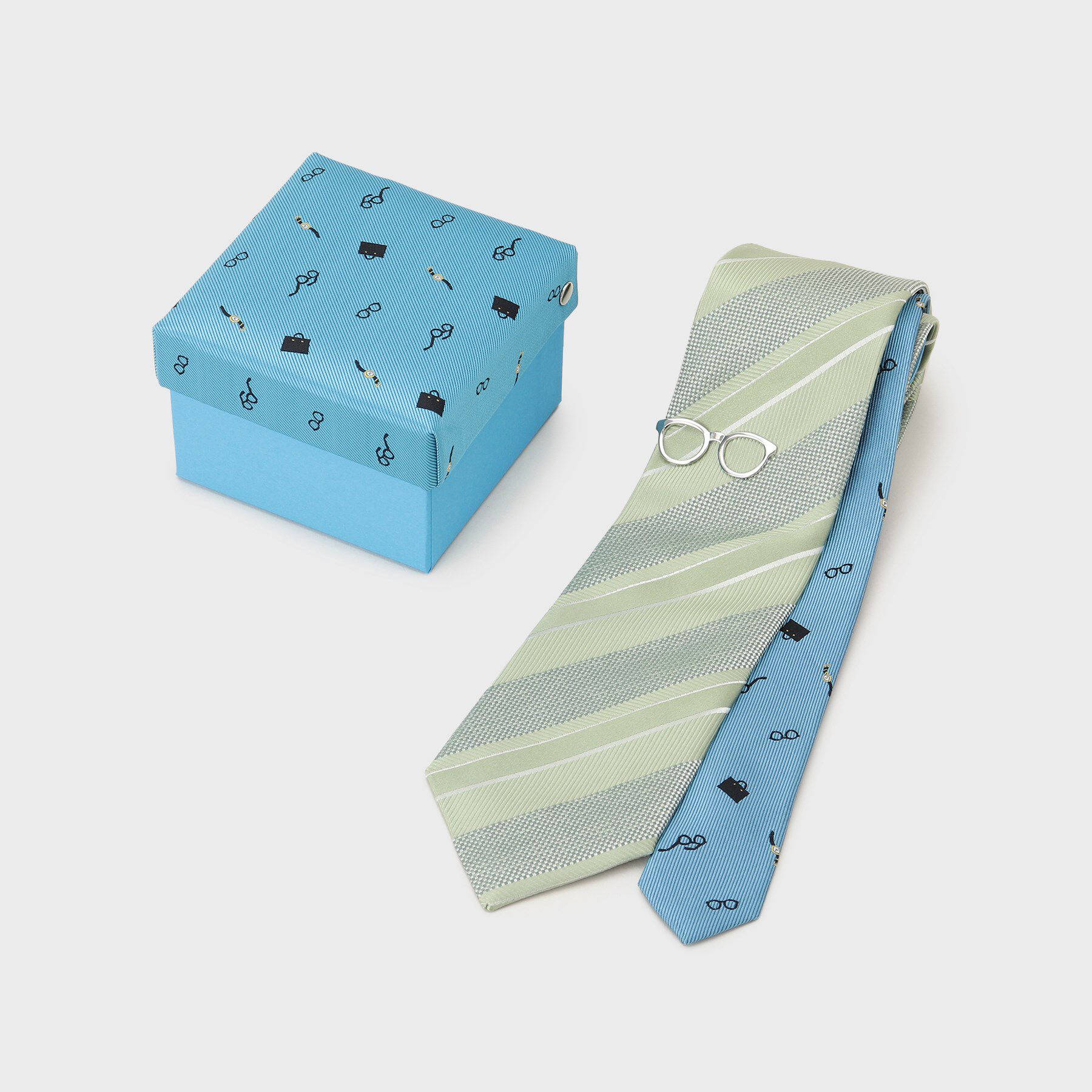 TAKEO KIKUCHI「【BOXセット】ジェントルマンストライプ ネクタイ&times;眼鏡型タイバー」|ネクタイ・蝶ネクタイ|ライトグリーン(32
