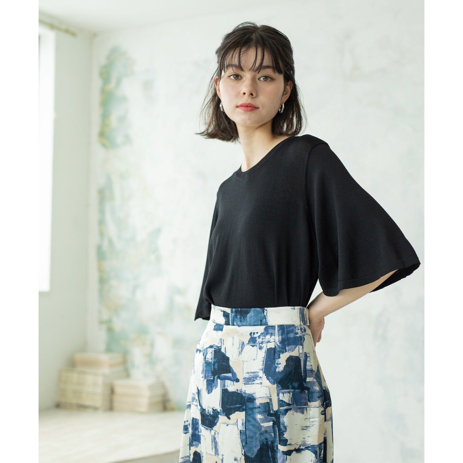 OPAQUE.CLIP「《6color》クールタッチフレアスリーブニット【洗濯機洗い可/UVケア/接触冷感/抗ピル】」|ニット・セーター|