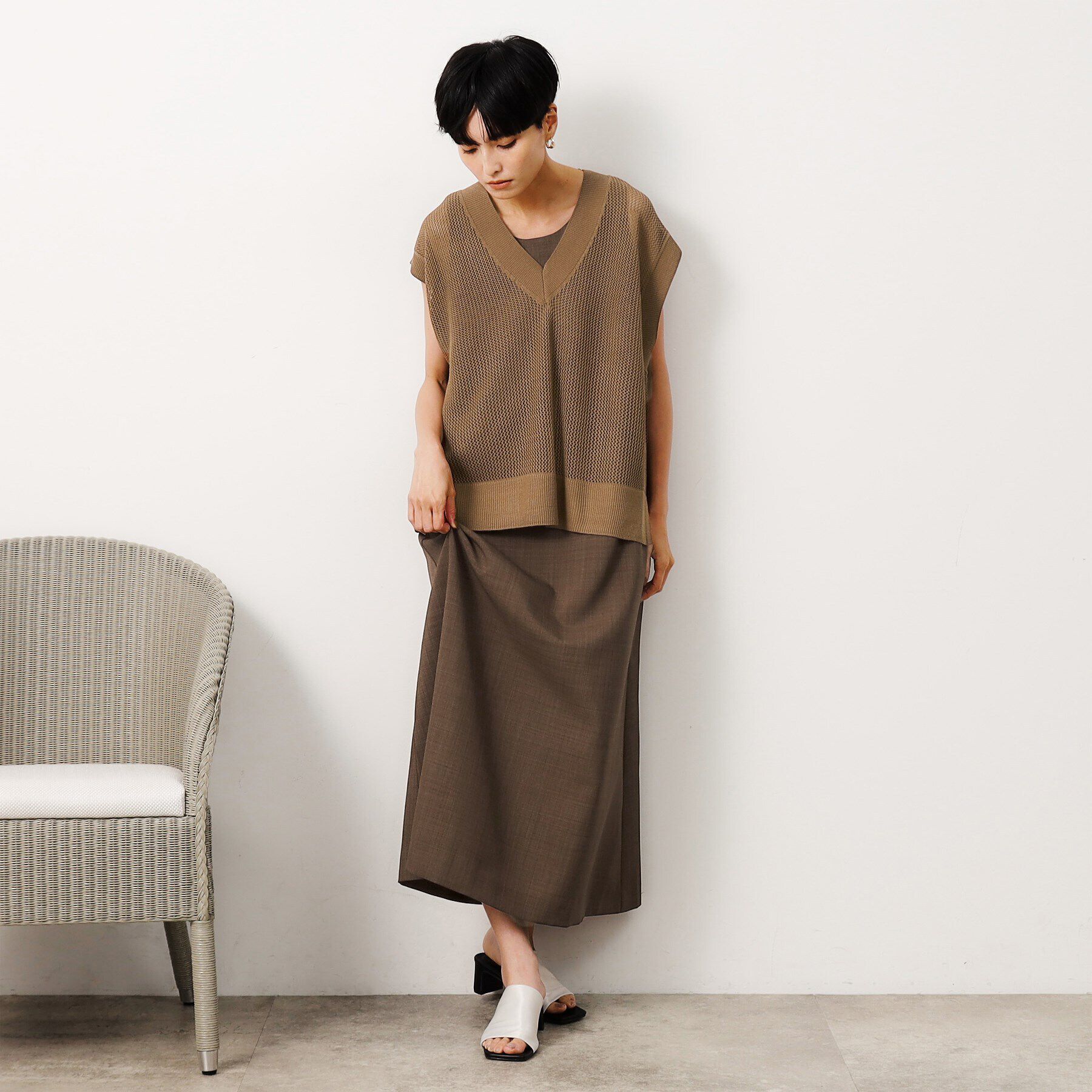 OPAQUE.CLIP「【ツインセット】メッシュニット&times;ノースリーブワンピース【洗濯機洗い可】」|ワンピース|