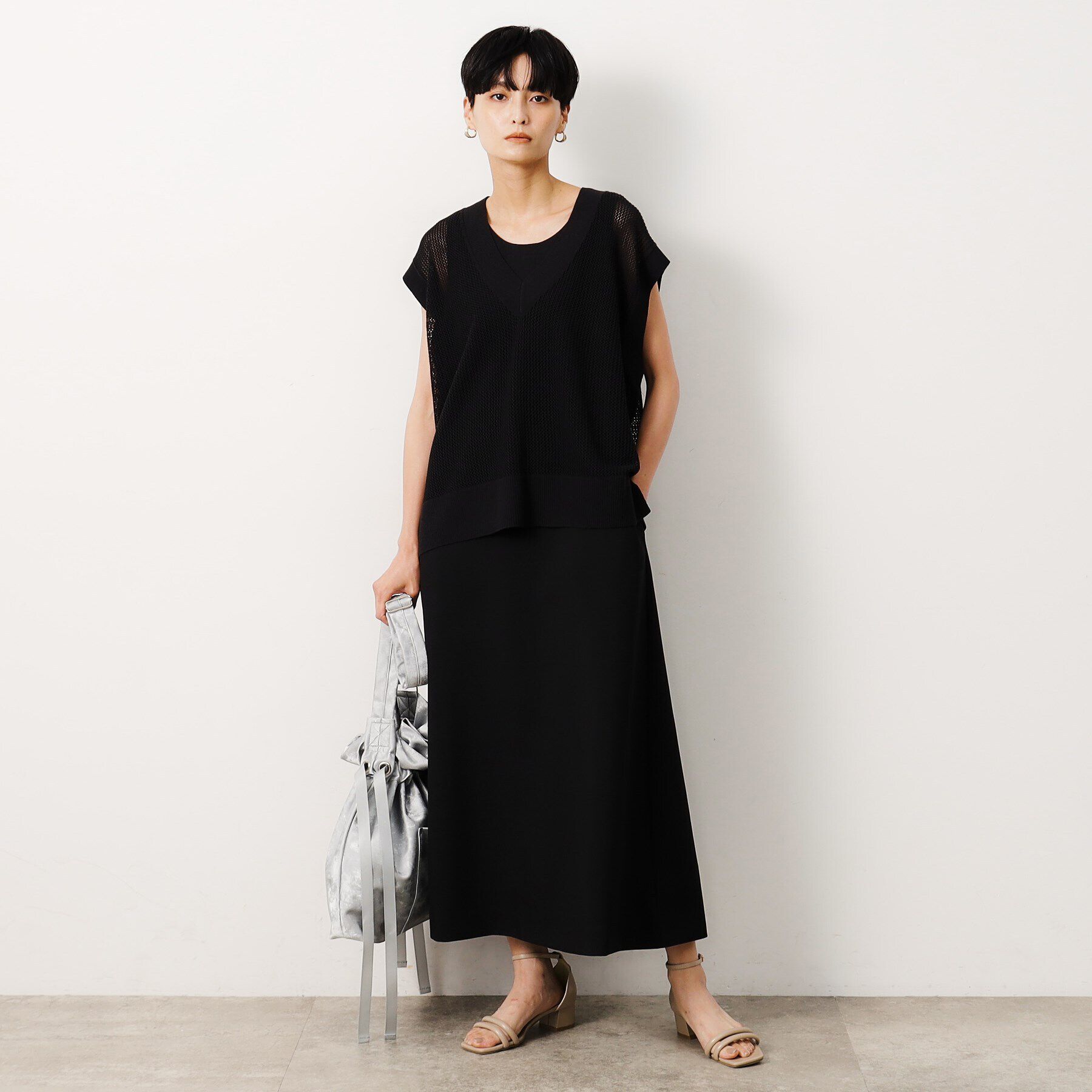 OPAQUE.CLIP「【ツインセット】メッシュニット&times;ノースリーブワンピース【洗濯機洗い可】」|ワンピース|ブラック(019)