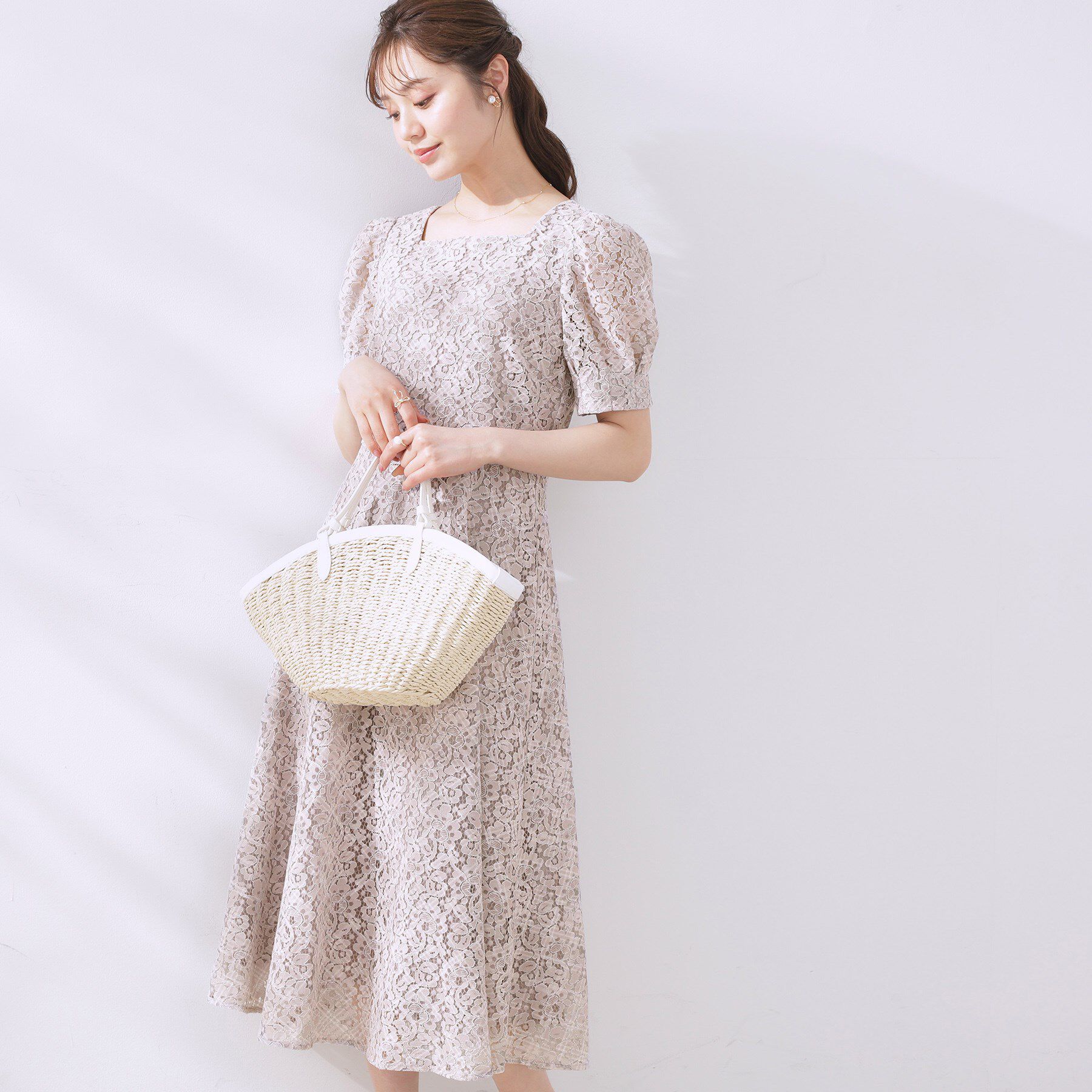 Couture broach「【一枚で着映え・華やか】チェックプリント コードレースワンピース」|ワンピース|ピンクベージュ(15