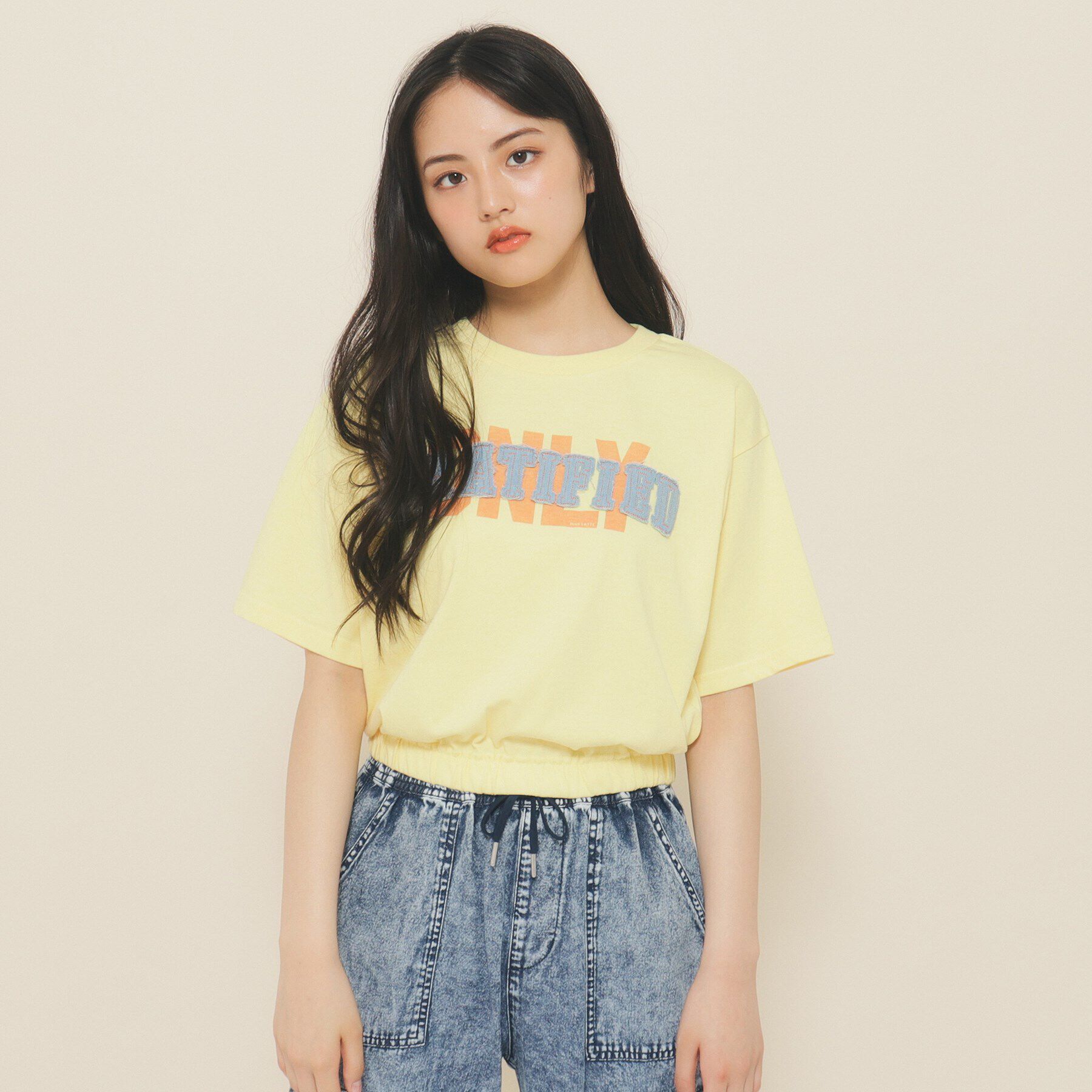 PINK-latte「【130cmあり】バルーンデニムロゴTシャツ」|Tシャツ・カットソー|