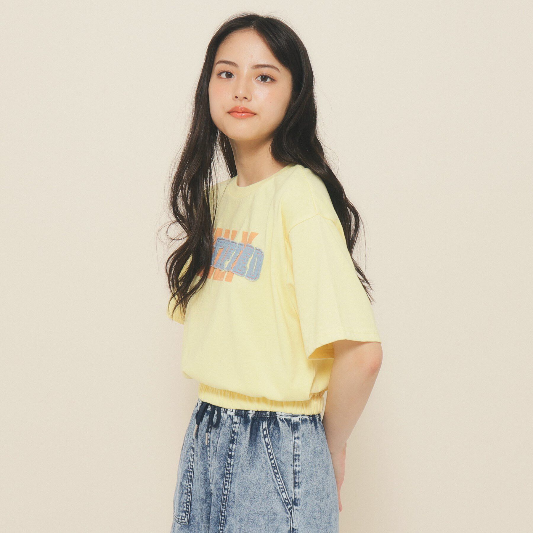 PINK-latte「【130cmあり】バルーンデニムロゴTシャツ」|Tシャツ・カットソー|